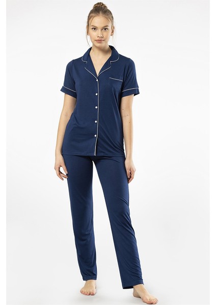 3368 Lacivert Kadın Düz Kısa Kollu Gömlek Yaka Pijama Takım modelleri