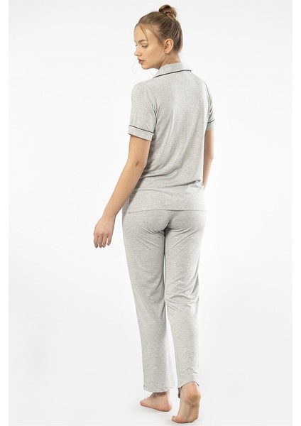 3368 Gri Kadın Düz Kısa Kollu Gömlek Yaka Pijama Takım fırsatları