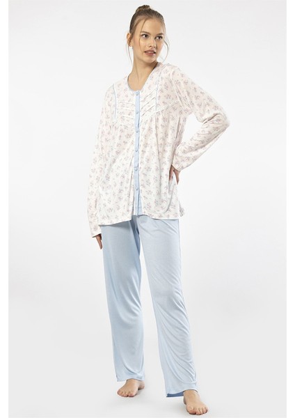 3367 Mavi Kadın Empirme Patlı Battal Uzun Kollu Pijama Takım