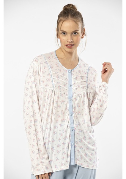 3367 Mavi Kadın Empirme Patlı Battal Uzun Kollu Pijama Takım