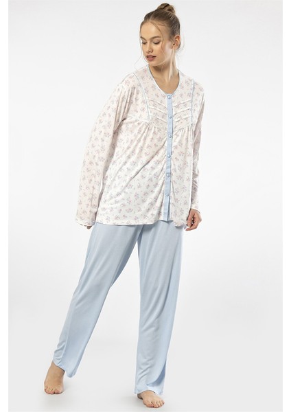 3367 Mavi Kadın Empirme Patlı Battal Uzun Kollu Pijama Takım