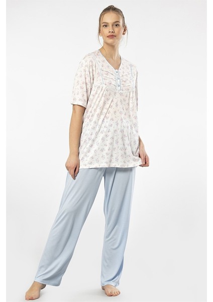 3369 Mavi Kadın Empirme Patlı Battal Kısa Kollu Pijama Takım