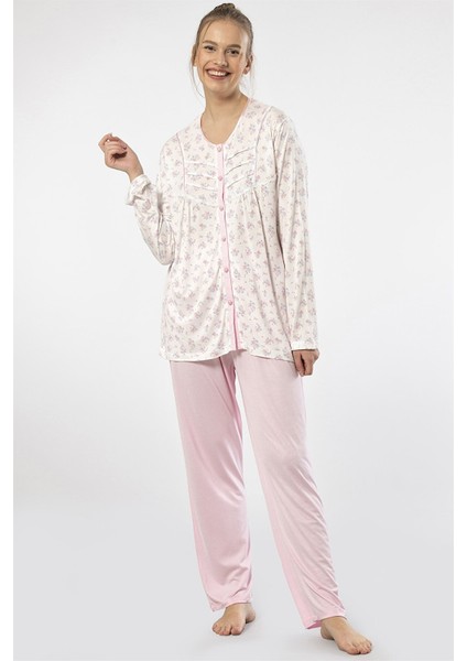 3367 Pembe Kadın Empirme Patlı Battal Uzun Kollu Pijama Takım