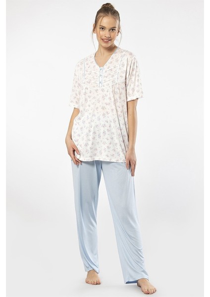 3369 Mavi Kadın Empirme Patlı Battal Kısa Kollu Pijama Takım