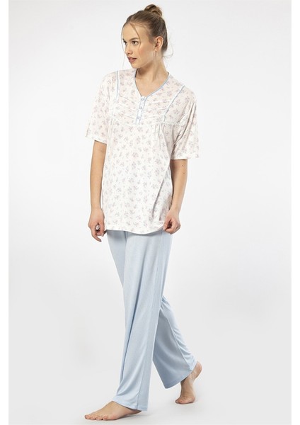 3369 Mavi Kadın Empirme Patlı Battal Kısa Kollu Pijama Takım modelleri