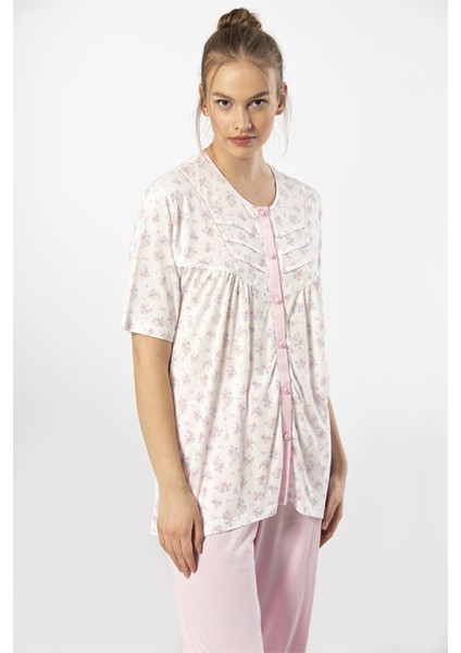 3370 Pembe Kadın Empirme Düğmeli Battal Kısa Kollu Pijama Takım