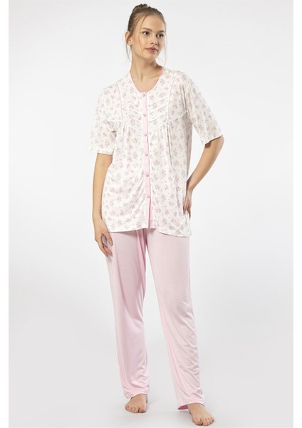 3370 Pembe Kadın Empirme Düğmeli Battal Kısa Kollu Pijama Takım fiyatları