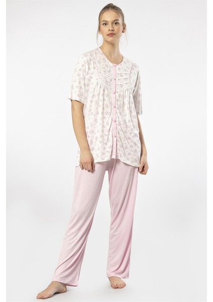 3370 Pembe Kadın Empirme Düğmeli Battal Kısa Kollu Pijama Takım fırsatları