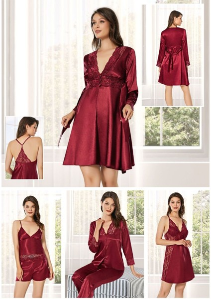Kadın Bordo Saten Çeyiz Seti 6 Parça Dantelli Sabahlık Gecelik Pijama Şortlu Takım