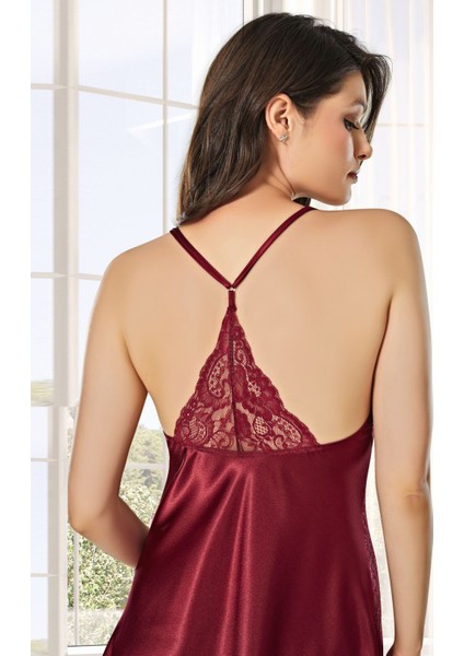 Kadın Bordo Saten Çeyiz Seti 6 Parça Dantelli Sabahlık Gecelik Pijama Şortlu Takım