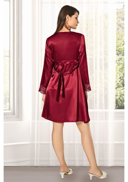 Kadın Bordo Saten Çeyiz Seti 6 Parça Dantelli Sabahlık Gecelik Pijama Şortlu Takım