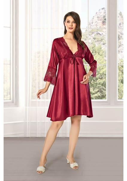 Kadın Bordo Saten Çeyiz Seti 6 Parça Dantelli Sabahlık Gecelik Pijama Şortlu Takım