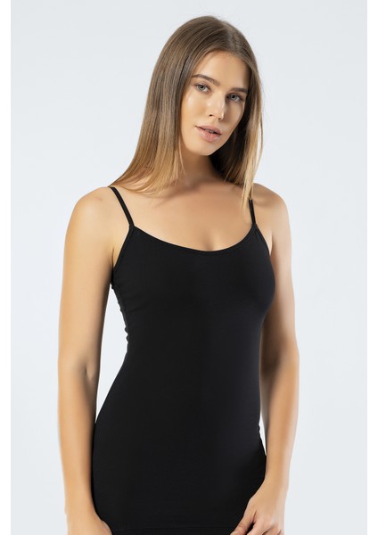 915 Siyah Kadın Likralı Pamuklu Uzun Askılı Atlet