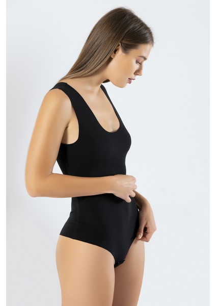 905 Siyah Kadın Lazer Kesim Pamuklu Çıtçıtlı Body