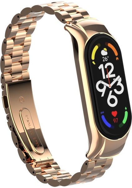 Mi Band 7 Uyumlu Baklalı Model Metal Kordon & Kasa Koruma 2 In 1 Paslanmaz Çelik Kayış