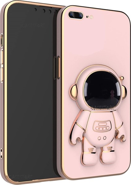 Iphone 8 Uyumlu Kılıf Kamera Lens Korumalı Astronut Standlı 6d Sevimli Parlak Gold Kenarlı Altın Şerit Işlemeli Silikon Gezegen Uzay Yeni Moda Astronot