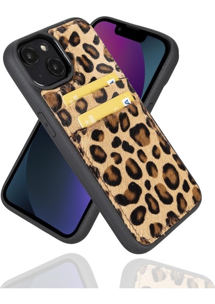 Apple iPhone 14 Uyumlu Deri Kartlıklı Arka Kapak Leo1 Leopar