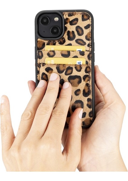 Apple iPhone 14 Uyumlu Deri Kartlıklı Arka Kapak Leo1 Leopar