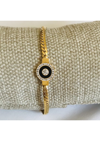 Taşlı Çelik Yassı Zincir Bileklik 22 cm