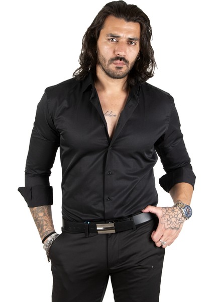 Siyah Dik Yaka Slim Fit Kesim Pamuk Saten Erkek Gömlek 2209615
