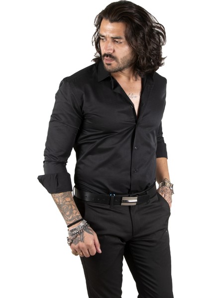 Siyah Dik Yaka Slim Fit Kesim Pamuk Saten Erkek Gömlek 2209615 fiyatları