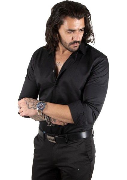 Siyah Dik Yaka Slim Fit Kesim Pamuk Saten Erkek Gömlek 2209615 fırsatları