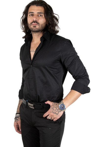 Siyah Dik Yaka Slim Fit Kesim Pamuk Saten Erkek Gömlek 2209615 indirimleri