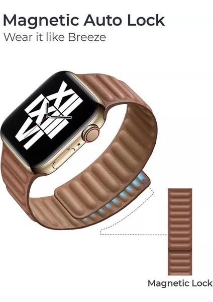 Apple Watch Uyumlu 7 45 mm Manyetik Baklalı Deri Kayış Kordon