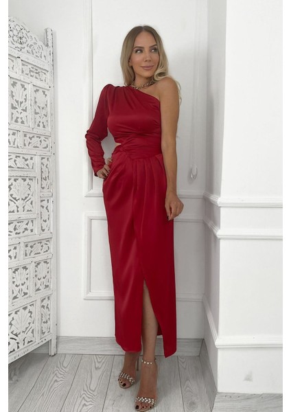 Ges Moda G0262 Tek Omuz Drape Detaylı Tasarım Elbise Kırmızı