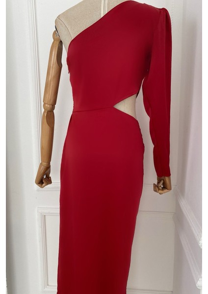 Ges Moda G0262 Tek Omuz Drape Detaylı Tasarım Elbise Kırmızı
