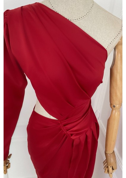 Ges Moda G0262 Tek Omuz Drape Detaylı Tasarım Elbise Kırmızı