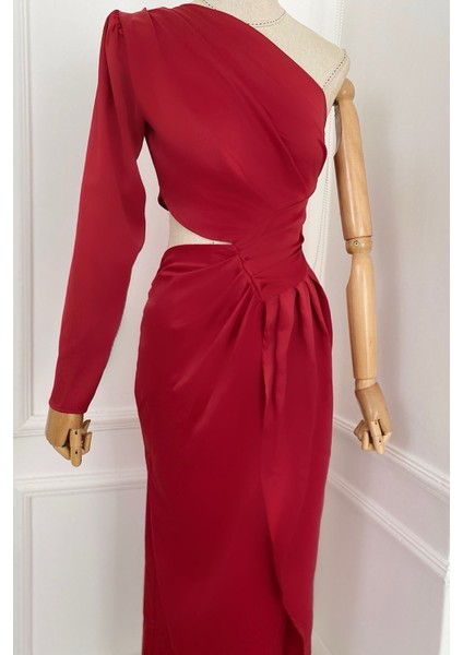 Ges Moda G0262 Tek Omuz Drape Detaylı Tasarım Elbise Kırmızı