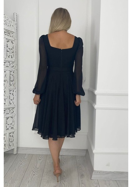 Ges Moda G0265 Kare Yaka Kemerli Şifon Elbise Siyah