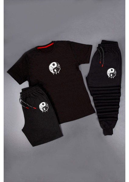 3'lü Unisex Yin & Yang Baskılı Eşofman Takımı Kombin