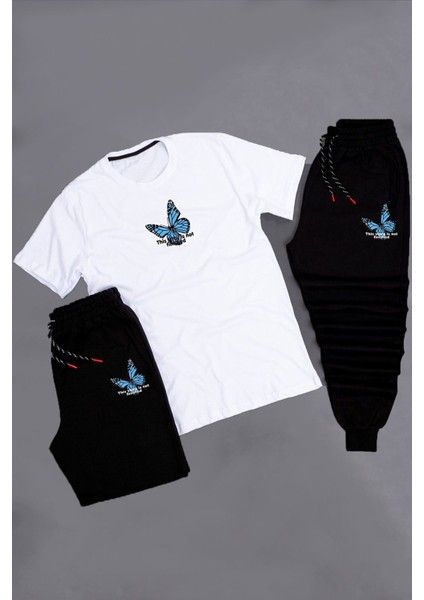 3'lü Unisex Kelebek Baskılı Eşofman Takımı Kombini