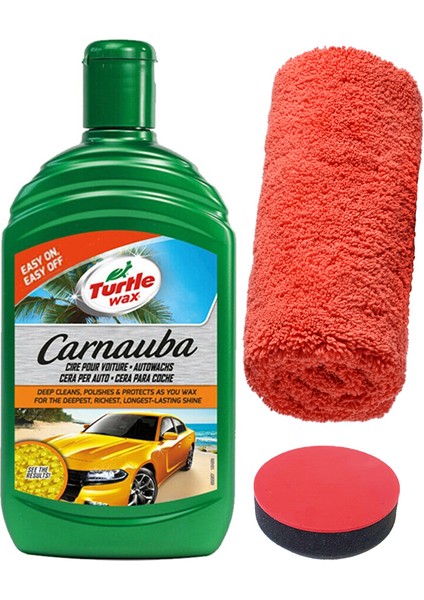 Turtle Wax Carnauba Sıvı Cila Boya Koruyucu 500ML + Yüzey Parlatma Cila Havlusu 50X70 + Cila Süngeri