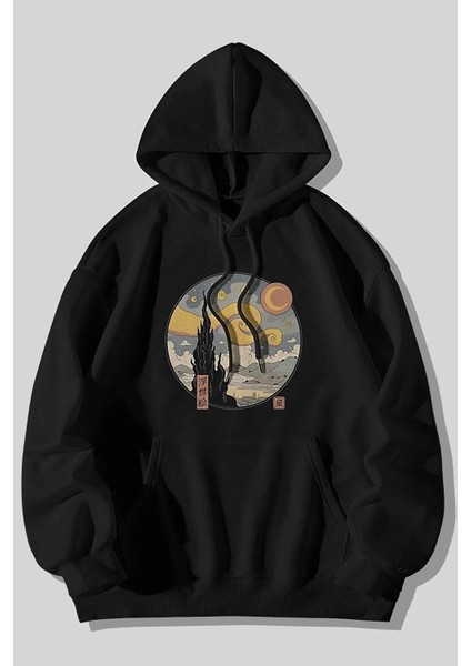 Yıldızlı Gece Baskılı Kanguru Cepli Kapüşonlu Sweatshirt Hoodie