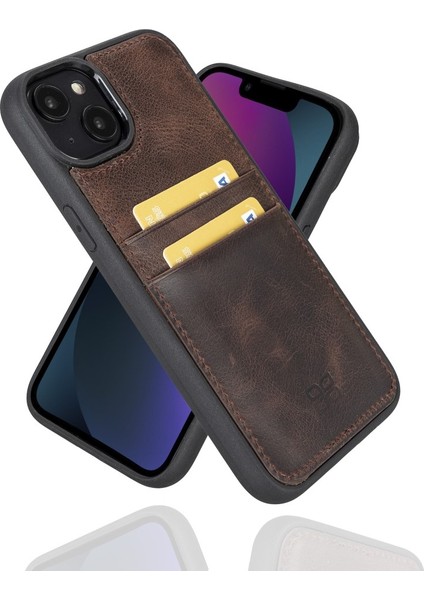 Apple iPhone 14 Pro Max Uyumlu Deri Kartlıklı Arka Kapak Tn3 Kahve