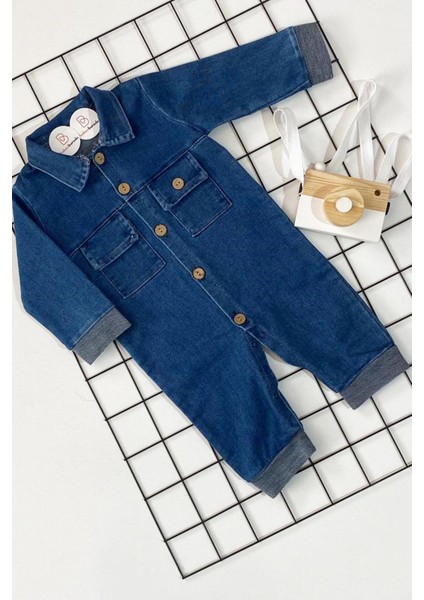 Yakalı Çift Cepli Bebek Kot Tulum