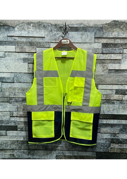 Mühendis Tipi Reflektörlü Çift Renk Ikaz Yeleği (Sarı-Lacivert)