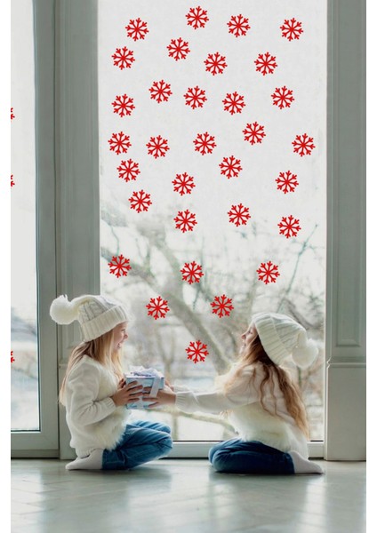 40 Adet Kar Tanesi Cam Sticker - Yılbaşı Sticker- Yılbaşı Dekoru Kırmızı