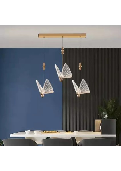 Elegance Butterfly Modern Kelebek Tasarım Üçlü Sarkıt LED Avize Sıralı Yemek Masası Gold Sarı