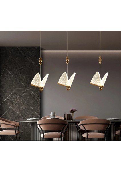 Elegance Butterfly Modern Kelebek Tasarım Üçlü Sarkıt LED Avize Sıralı Yemek Masası Gold Sarı