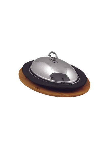 Döküm Oval Döner, Kebap Tabağı ve Bakır Dövme Kapağı, Ahşap Altlıklı. Ölçü 32X23CM.