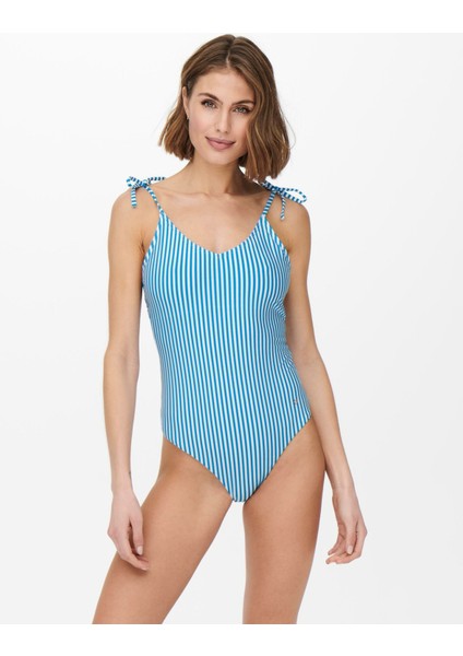 Onlkitty Bow Swimsuit Normal Kalıp Çizgili Açık Mavi Kadın Mayo