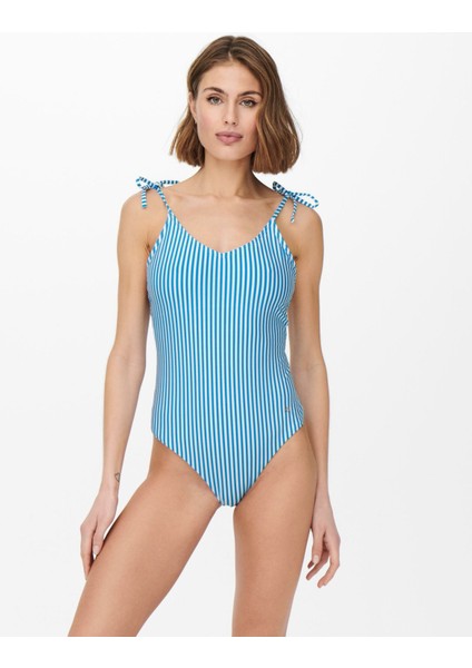 Onlkitty Bow Swimsuit Normal Kalıp Çizgili Açık Mavi Kadın Mayo