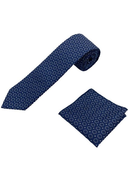 Lacivert Gri Desenli Kravat Mendil Set