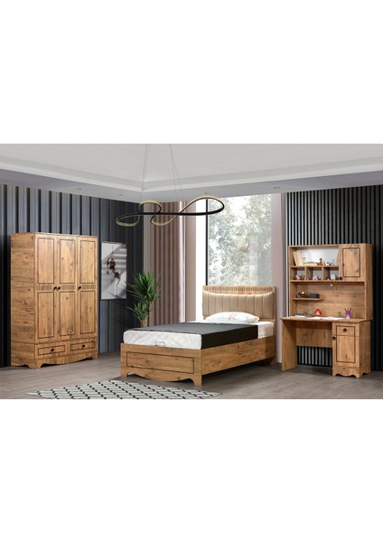 Papatya Bazalı Genç Odası Takımı - 90x190 cm Bazalı Karyola, Dolap, Çalışma Masası