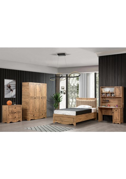 Papatya Bazalı Genç Odası Takımı - 90x190 cm Bazalı Karyola, Dolap, Masa, Şifonyer