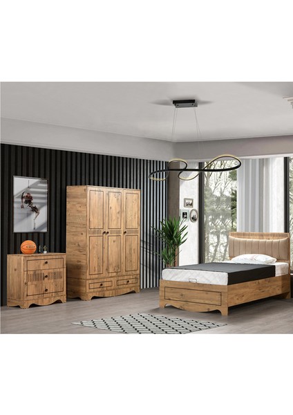 Papatya Bazalı Genç Odası Takımı - 120x200 cm Bazalı Karyola, Dolap, Şifonyer